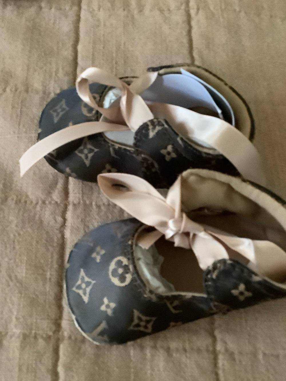 Louis Vuitton Brown Monogram Baby Shoes with Cream Ribbon